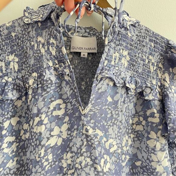 Gilner Farrar | Womens Sienna Top Blouse Blue Meadow Smocked Tie Neck Ruffles XS - Picture 6 of 9